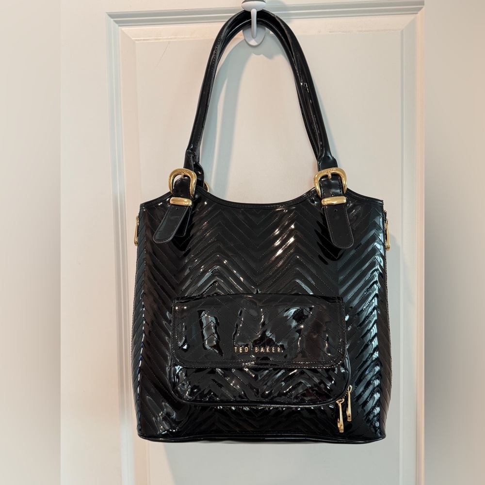 Ted Baker London Black Patent Bag – Large Quilted Tote with Gold Hardware